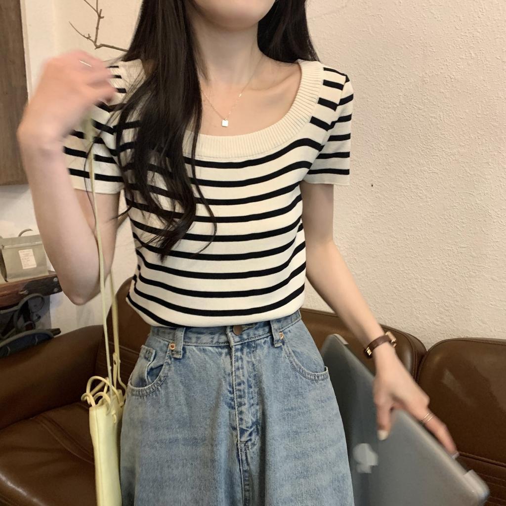 Summer New Temperament Square Neck Striped Versatile Knitted Sweater Short-sleeved T-shirt Top Women