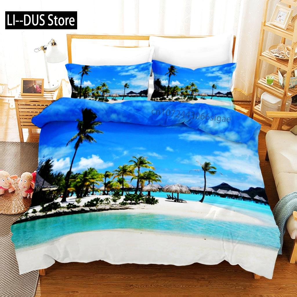 Plaj Yorgan Kılıfı Takımı Yaz Plaj Dekoru Hawaii Tatil Stili Yatak Takımı Polyester Palmiye Ağacı Tropikal Doğa Deniz Yorgan Kılıfı