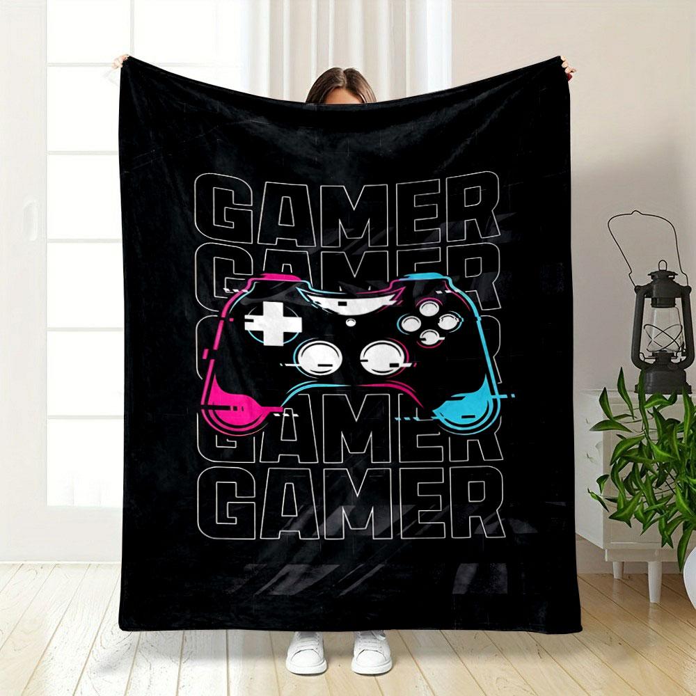 A Colorful Game Controller Over Repeated "GAMER" Text On a Dark Background. for All Seasons Blanket Lunch Break Throw Gift