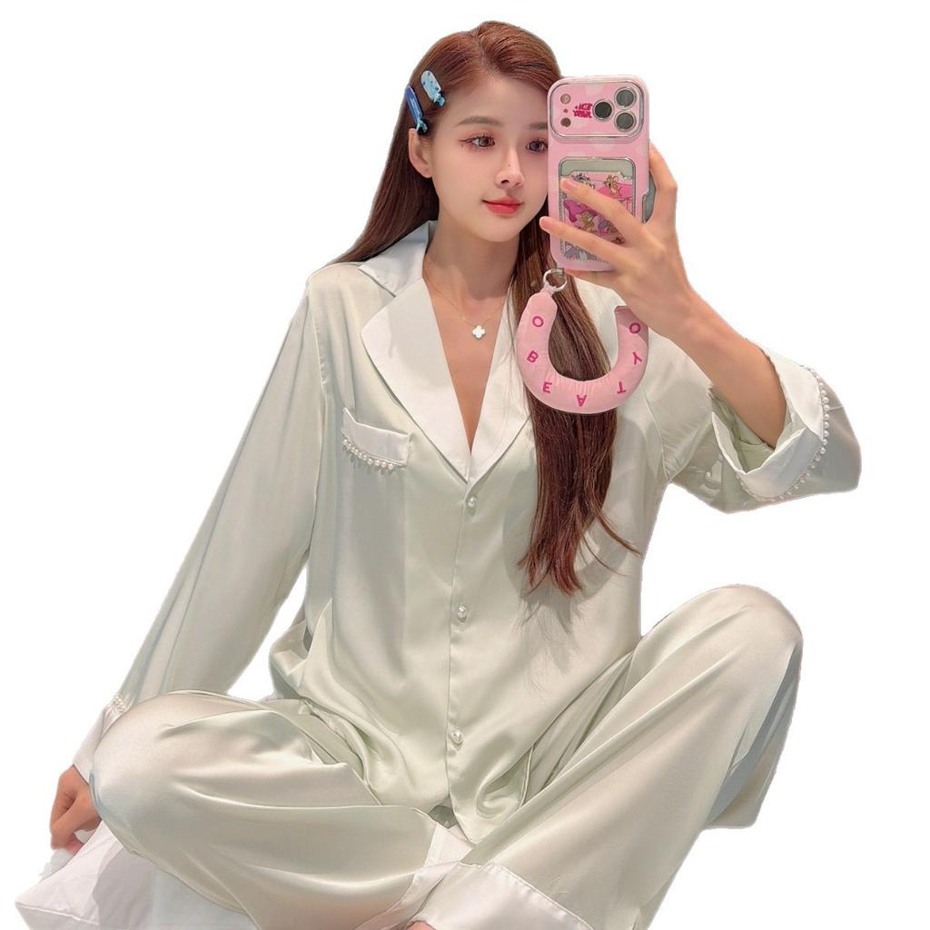Spring and Summer Thin Ice Silk Pajamas Women's Long-sleeved Trousers Sweet Girl Age-reducing Pearl Silk Loungewear Explosion