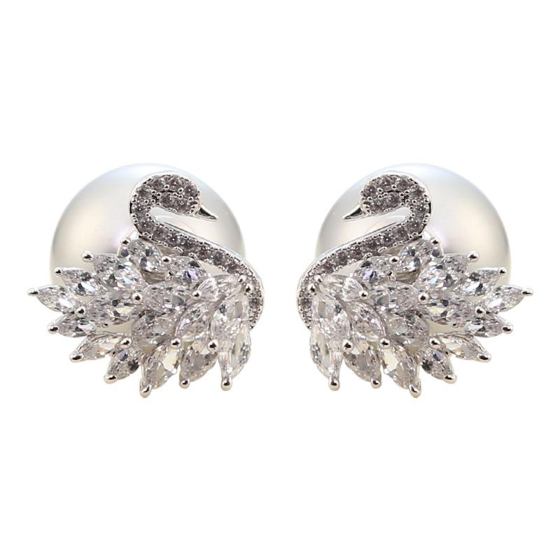Swan full diamond zircon pearl stud earrings luxury high-end earrings S925 silver needle fashion personalized earrings women