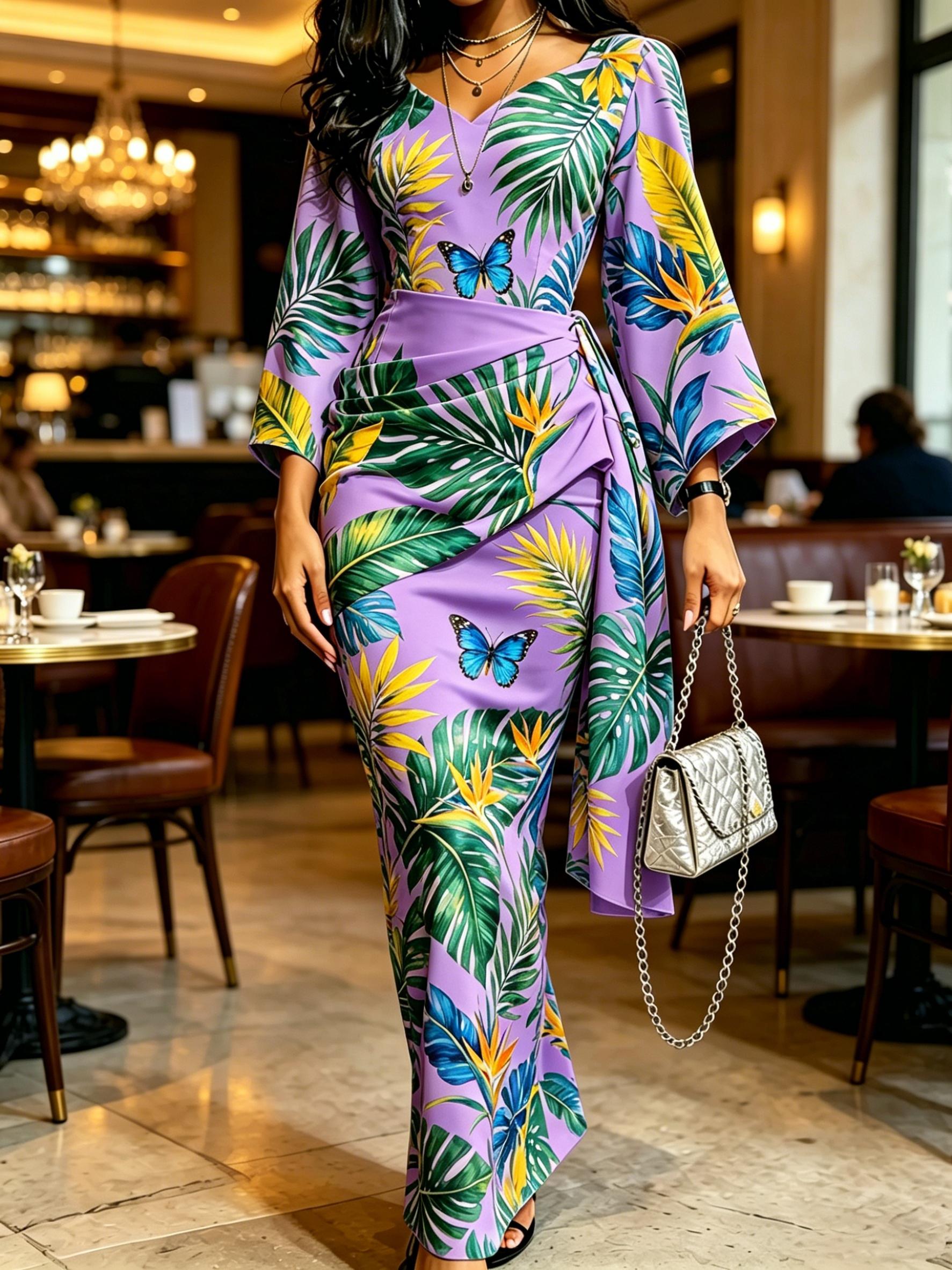 Women Purple Tropical Leaf Print Maxi Dress Kimono Sleeve V Neck Ruched Wrap Waist Bodycon Elegant Dress XS