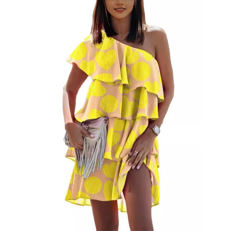 Slimming Sloping Shoulder Frill Casual Print One piece Dress Women clothing Shoulder Fashion Vacation Short dress