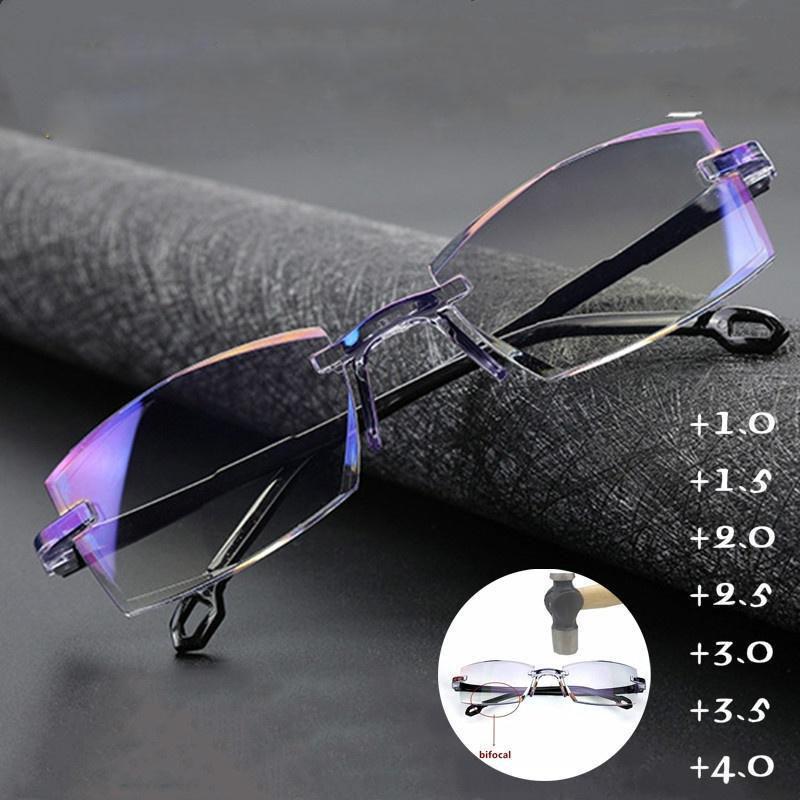 Men Women Rimless Reading Glasses Bifocal Far Near Anti Blue Light Magnification Glasses