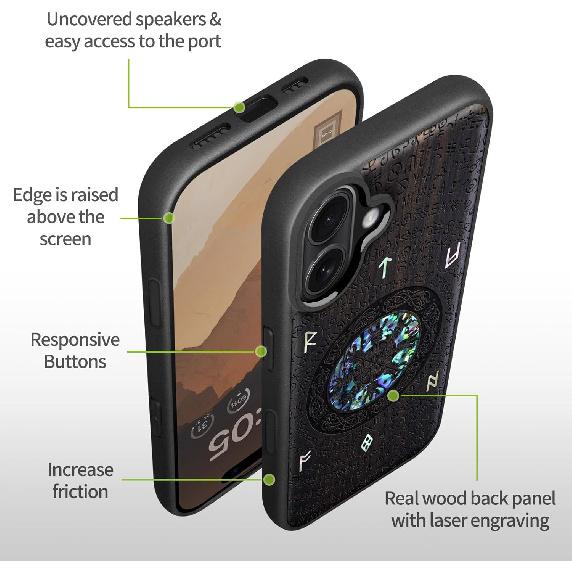 Carveit Magnetic Case for iPhone 16 Plus Case, Wood Artisan Engraved & Handmade Shell Inlaid, TPU Shockproof Cover, Compatible with MagSafe Wireless