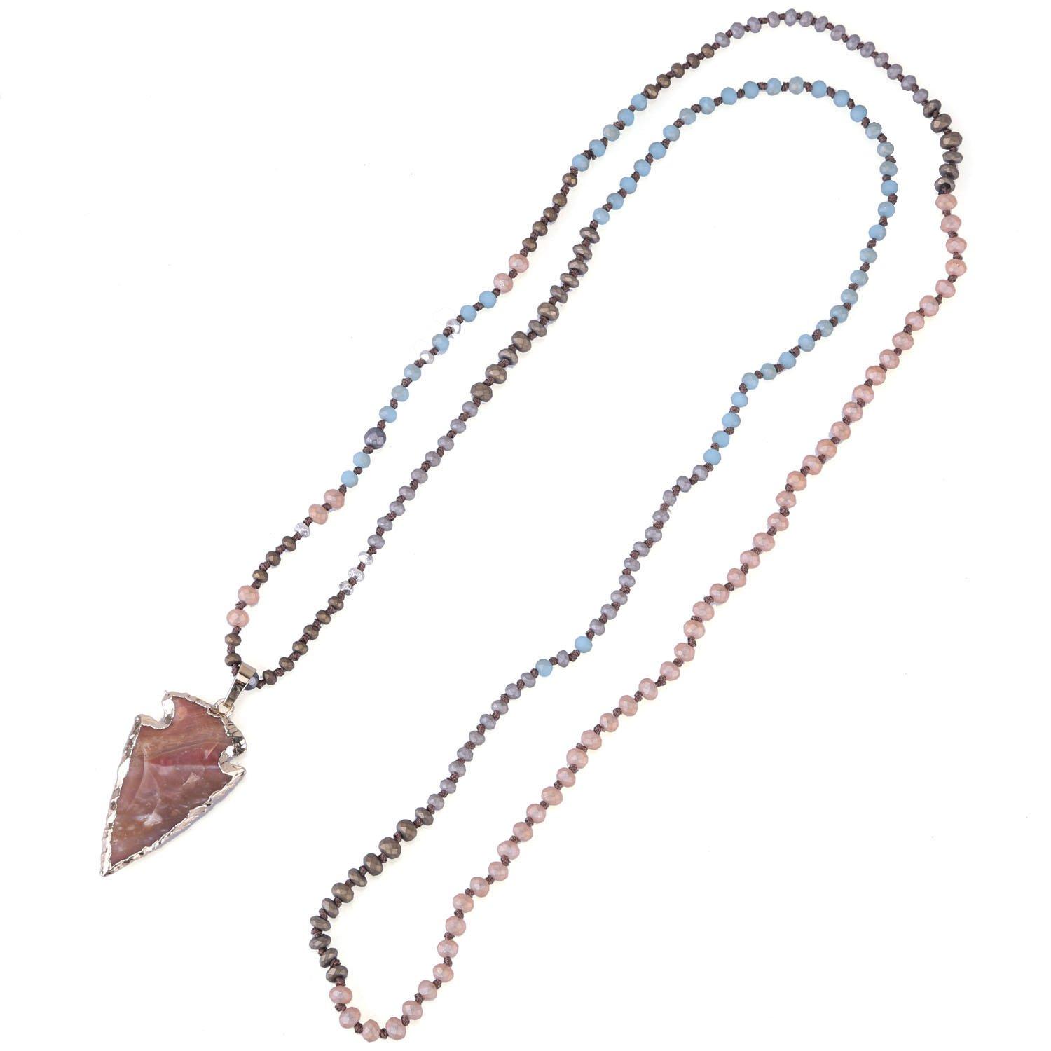 KELITCH Matte Agate Crystal Bead Necklace Gemstone Pendant Statement Long Necklace for Women (4 Pendants)