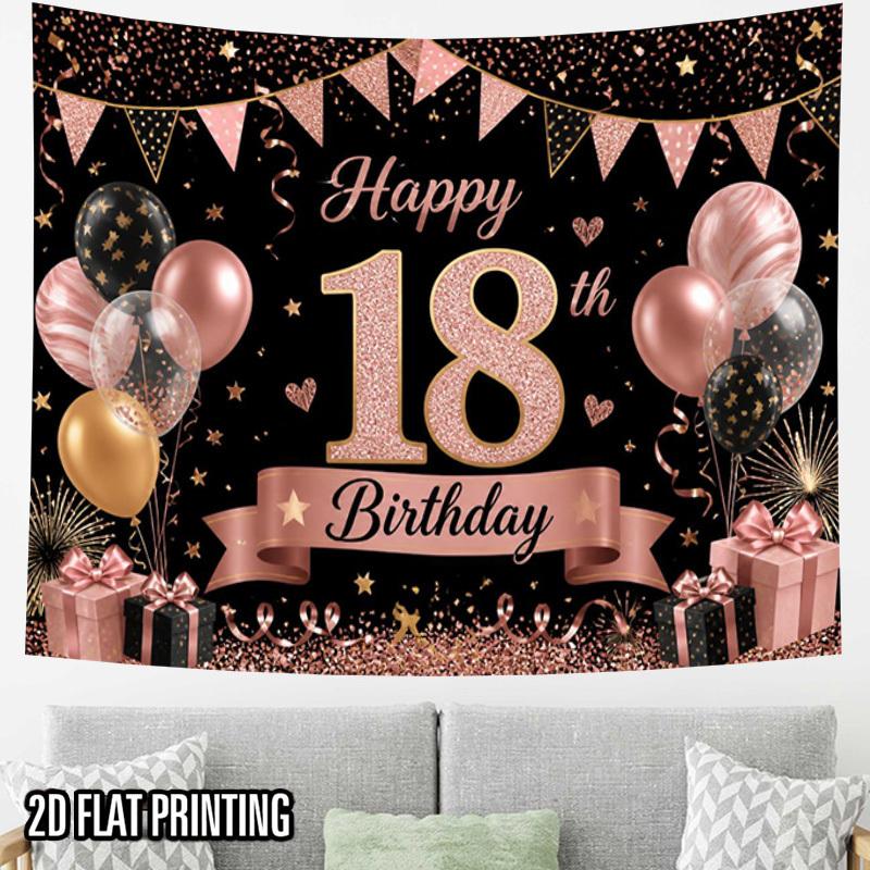 2D Flat - 2D Flat - 2D Flat Print 1pc Tapestry 18Th Birthday Party Wall Hanging Pink Golden Balloon Confetti Decor Tapestry for Nursery Kids Room Deco