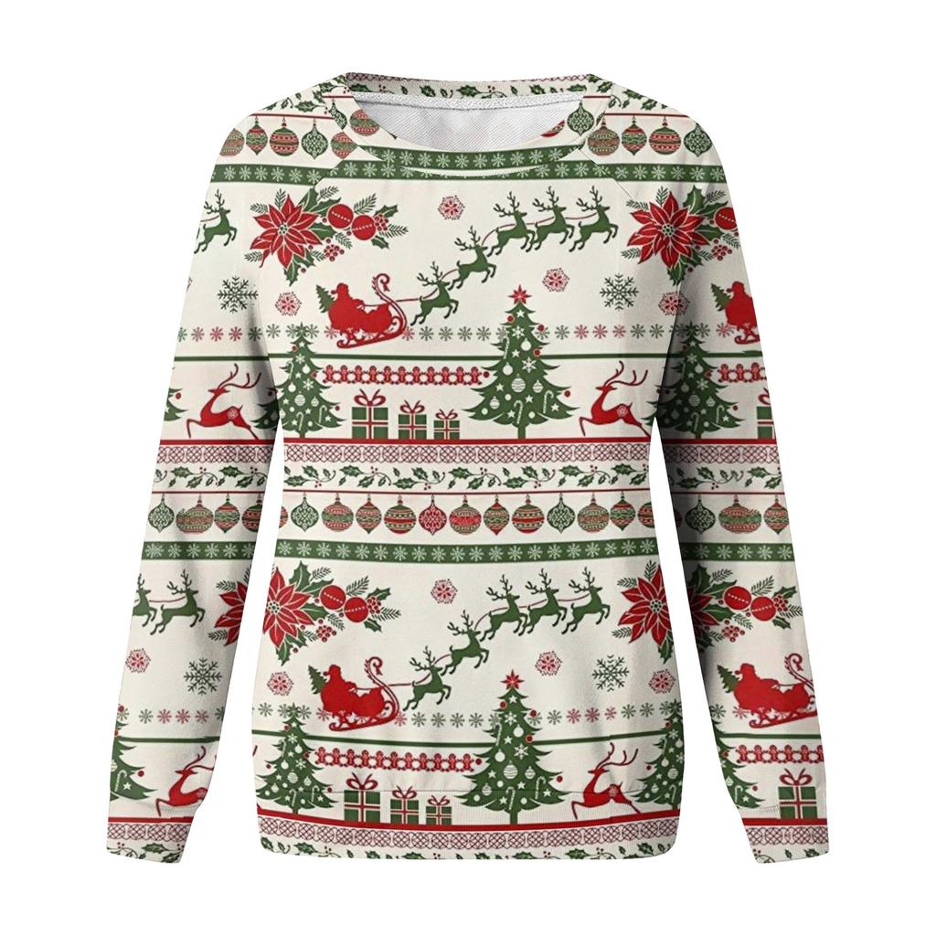 Women's Casual Neck Long Sleeve Raglan Christmas Print Pullover Sweatshirt