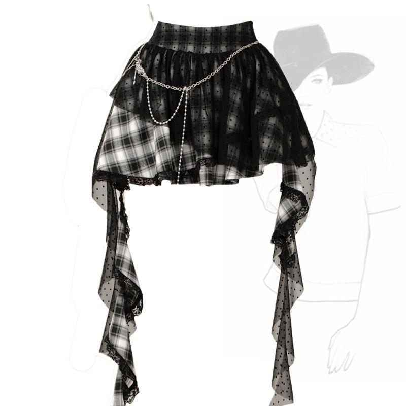 

Келликитти Черная Юбка-полусолнце в горошек и клетку из сетки - Необычный летний стиль для женщин S