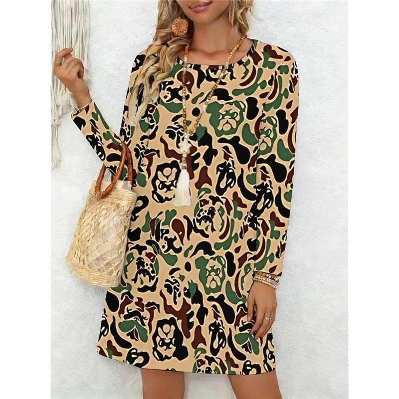 Spring Autumn Women Dress Casual Long Sleeve O-neck 3D Print Loose A-Line Dress Oversized Home Wear Robe