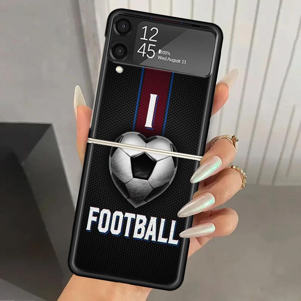 Football Soccer Ball Design Hard PC Phone Case For Samsung Galaxy Z Flip 6 5 4 3 Black Cover ZFlip6 Flip5 Flip4 5G Foldable Prin