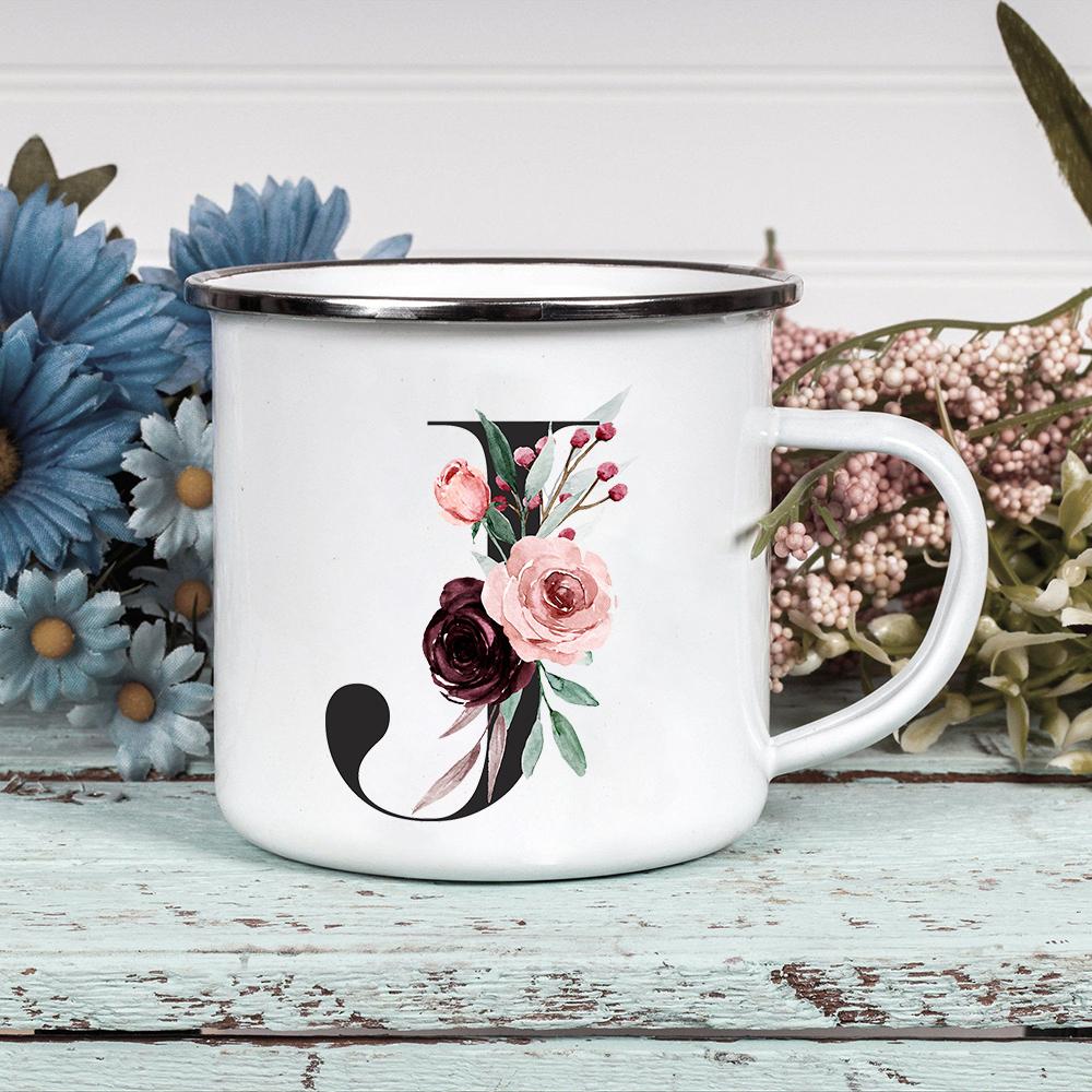 Alphabet Blumen A-Z Vintage Emaille Kaffee Tee Tassen Urlaub Camping Getränke Saft Bier Tassen Zuhause Büro Milch Tasse Geburtstagsgeschenke