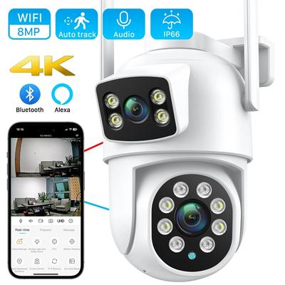 Nieuwe EU 4K 8MP PTZ WIFI Camera Dual Lens Dual Screen 4X Digitale Zoom IP Camera 4MP HD Auto Tracking Outdoor CCTV Surveillance ICSee App