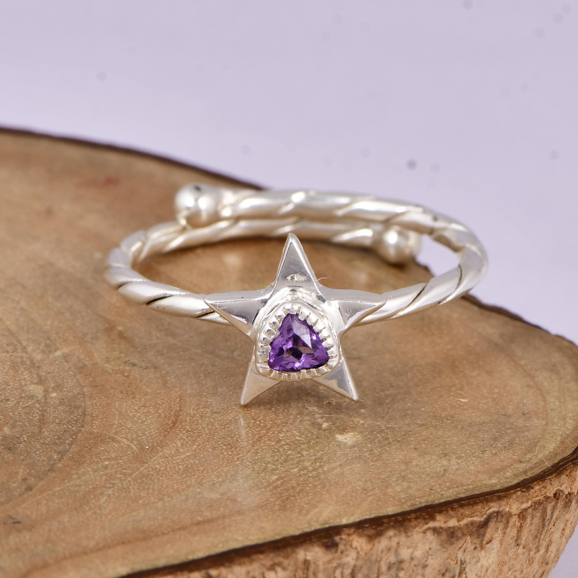 Minimalist Amethyst Starburst Ring | Dainty February Birthstone Gift | Twisted Silver Promise Ring 5