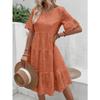 Summer Women Dress Hollow Out O Neck Short Horn Sleeves A-line Pleated Patchwork Solid Color Big Swing Embroidery Vacation Beach Midi Dress