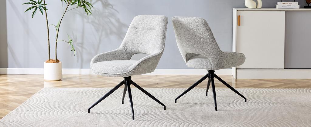 [Set of 2] 360 degrees Swivel Dining Chair in Beige-Grey Fabric: Black Lacquered Metal Frame, Four Legs, Breathable Textured, for Modern Dining Areas.