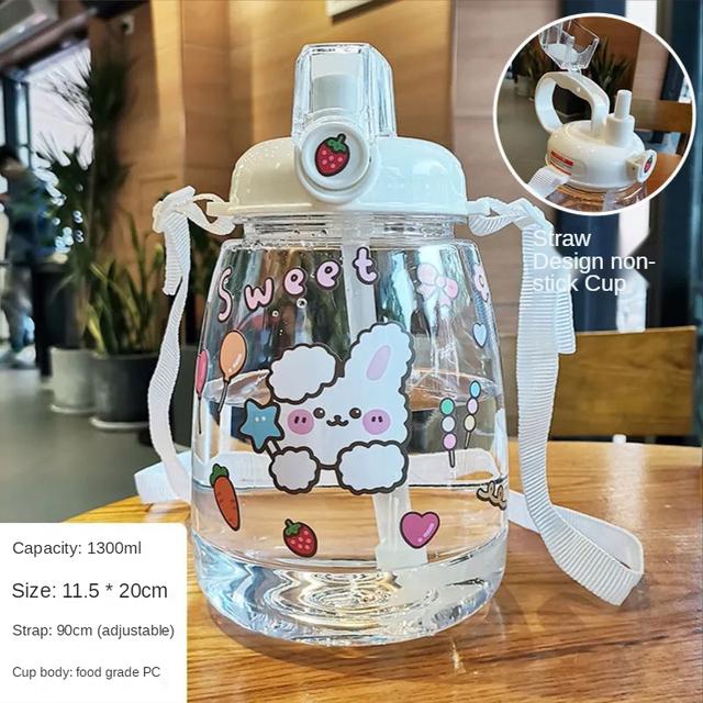 1300 ML Large Capacity Outdoor Sports Water Bottle with Straw Strap Creative Cute Sticker Portable Plastic Kids Sippy Water Cup