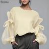 ZANZEA Women Casual Round Neck Mesh Splice Long Sleeve Blouse