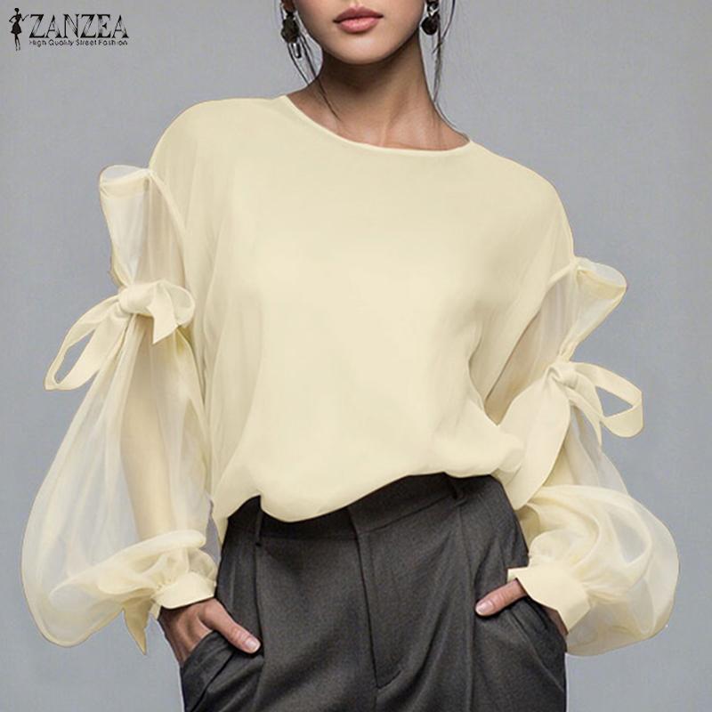 ZANZEA Women Casual Round Neck Mesh Splice Long Sleeve Blouse