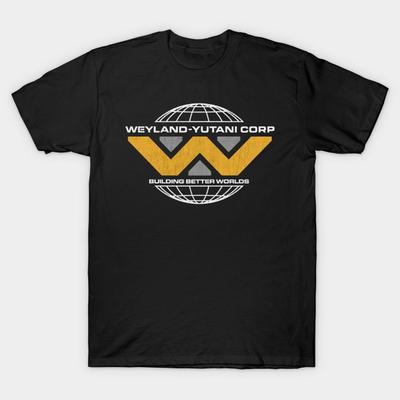 Men Black Print T-shirt Weyland-Yutani Corp Worn Out No-Cut Transfer Paper Print Cotton Tshirt