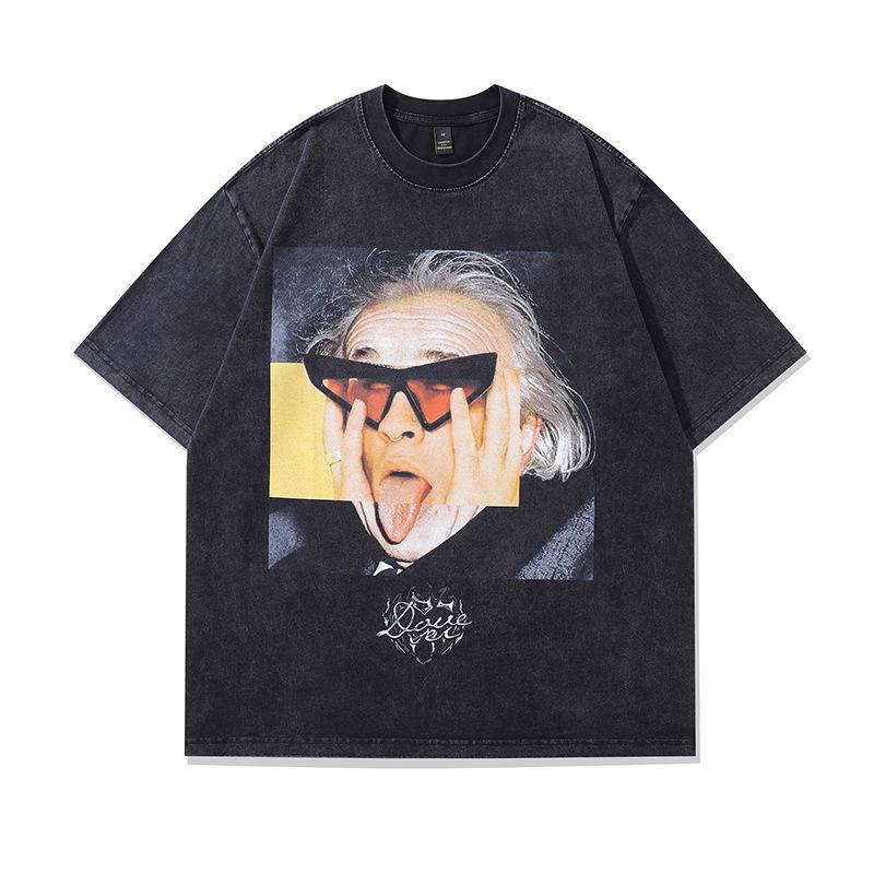 Sommer Schwere Baumwolle Gewaschen Vintage Oberteil Harajuku Straße Retro Bedrucktes Kurzarm-T-Shirt Herren Ins