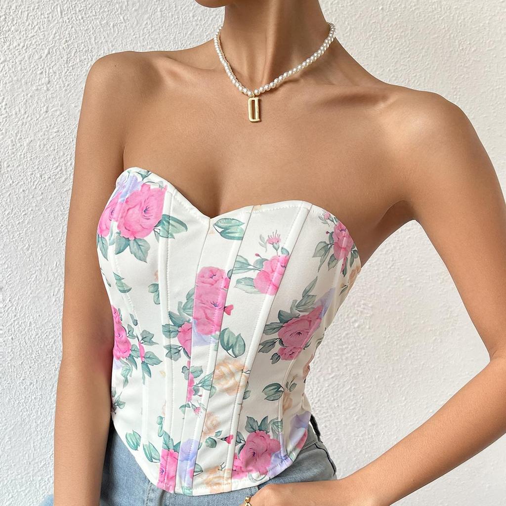French Chic Sexy Floral Printing Bra Female Camis Diamond Fishbone Spicy Girl Tank Sleeveless Crop Top Women Clothes