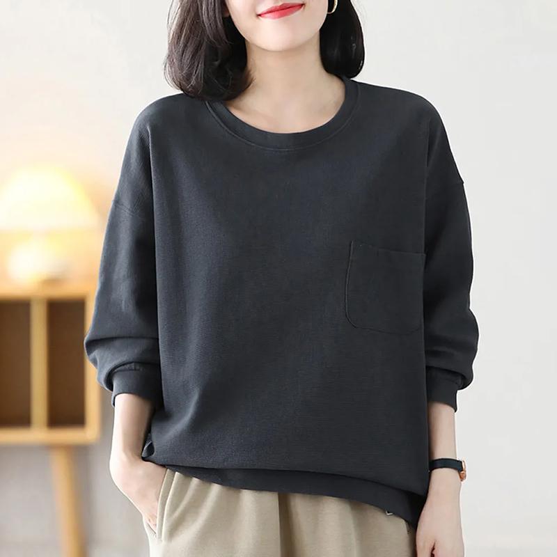 Sweatshirt für Damen Baumwolle Locker Oversized Verdickt Bequem Rundhals Lässiges Pullover-Top Sweatshirt