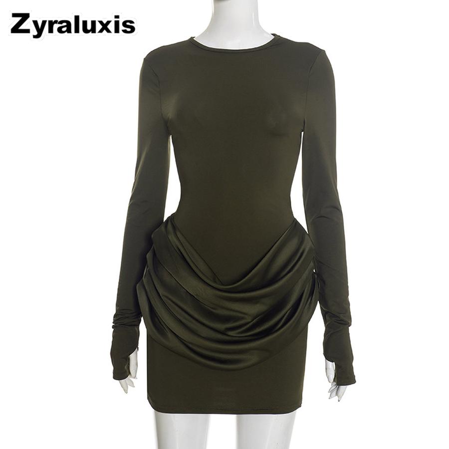 Women's Autumn Winter New Style Solid Elegant Casual Slim Fit Crew Neck Long Sleeve Ruffled Mini Dress
