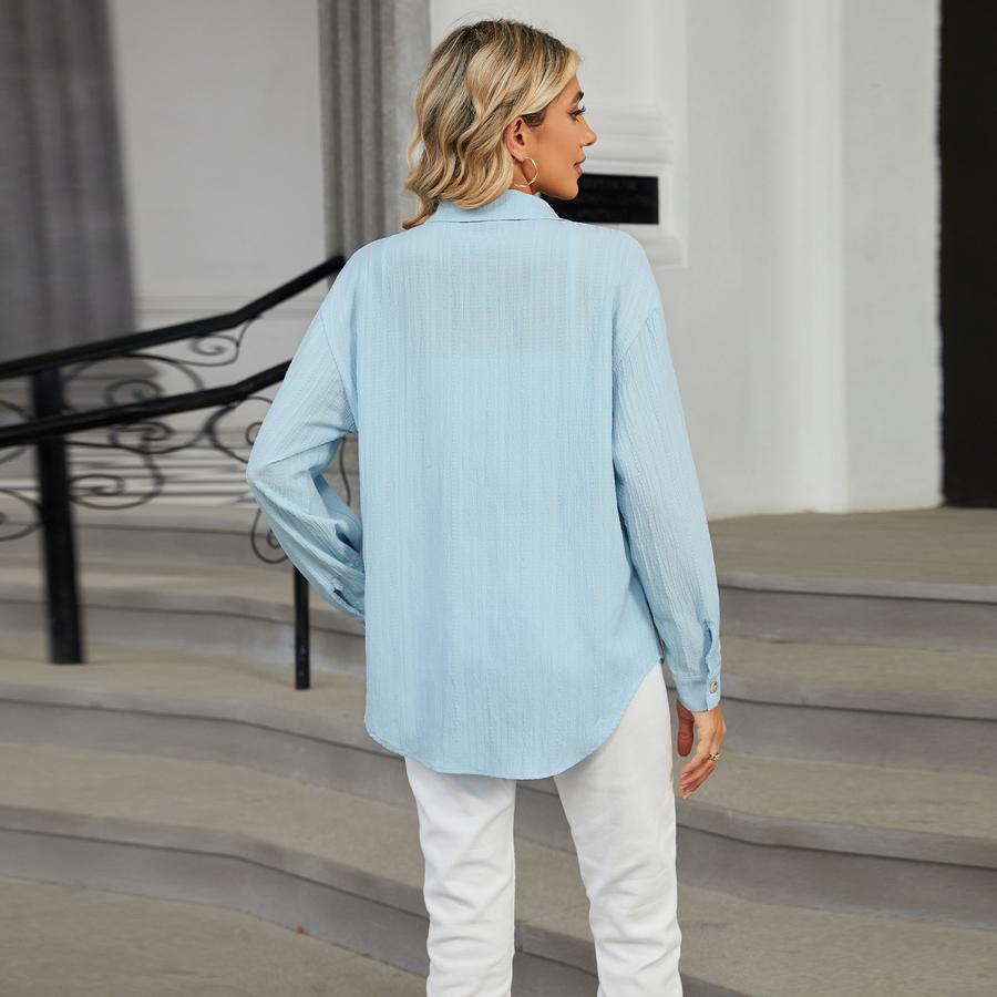 New Women's Casual Loose Long Sleeve Crew Neck Button Solid Color Shirt