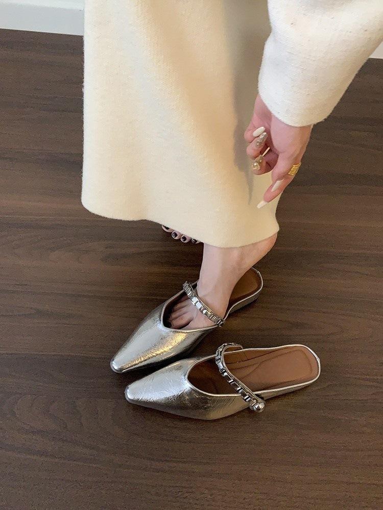 Inner heightening shoes Mary Jane half slippers silver single shoes spring and summer one-pedal women's shoes bag head cool slippers