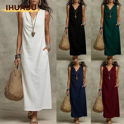 Fashion Summer Spring Solid Color Print Sleeveless V-Neck Casual Dresses
