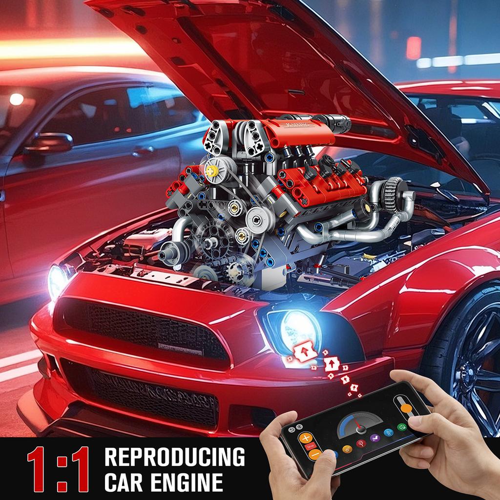 653PCS Red V8 Engine Building Blocks Set LED APP Programming Motor Drive Supercar Engine Bricks Toys for Adult Kid Gift