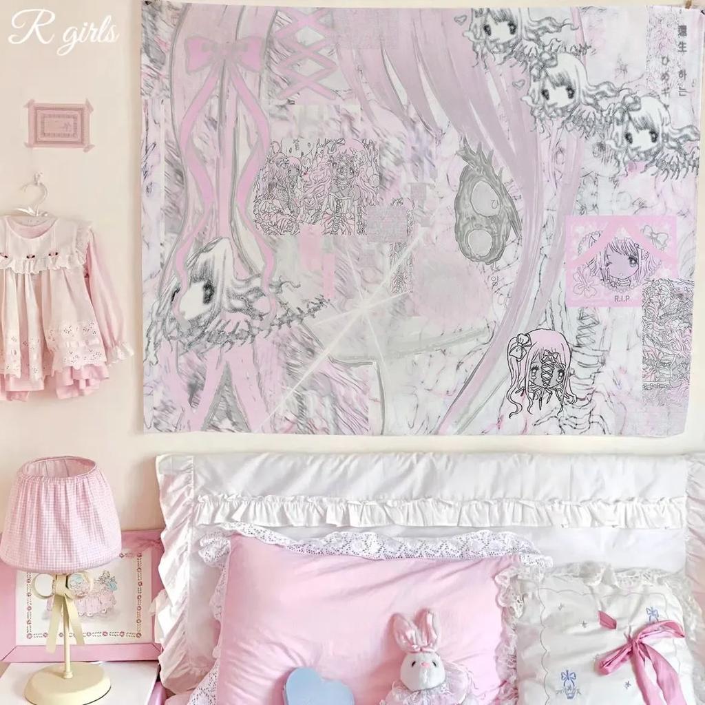 Kawaii Pastel Goth Anime Girl Tapestry Cute Lolita Angel Neko Print Wall Hanging for Teen Girl Bedroom Dorm Decor