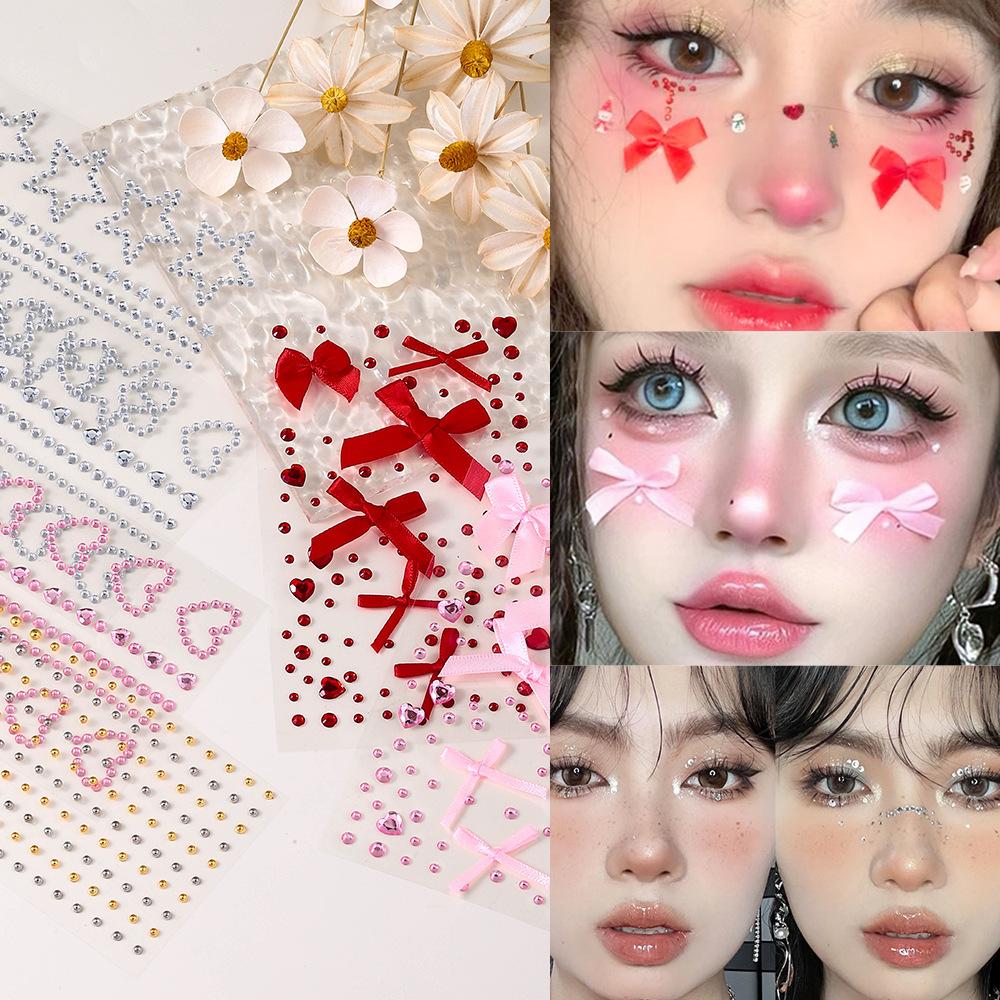Ins Face Sticker Face Jewelry Organza Bow Resin Round Diamond Pearl Jewelry Eyebrow Sticker Lip Sticker