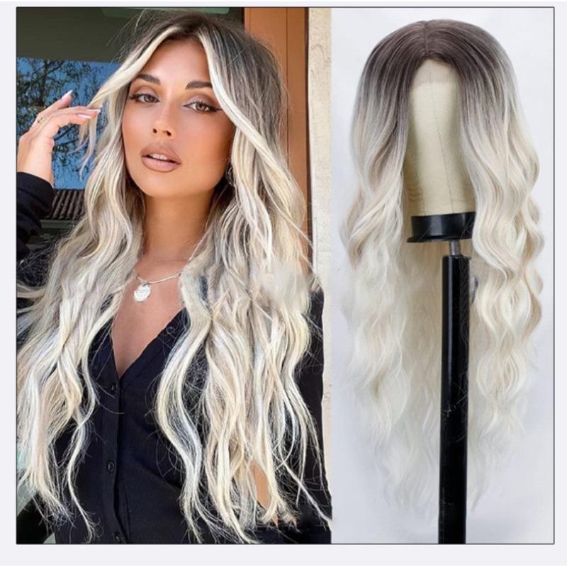 European and American new wig medium gradual change yellow long curly hair women's big wave wig rose net