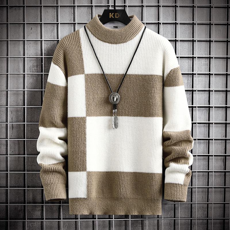 Brand Clothing Warm Autumn Winter Sweaters Men Casual Patchwork Color Knitted Pullovers Male Plaid Round Neck Sweater Man