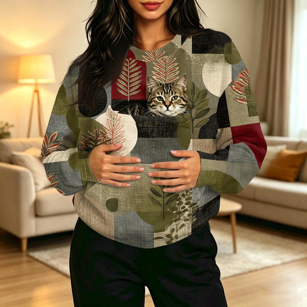 Women's Casual Crewneck Vintage Print Long Sleeve Sweatshirt with Front Pocket
