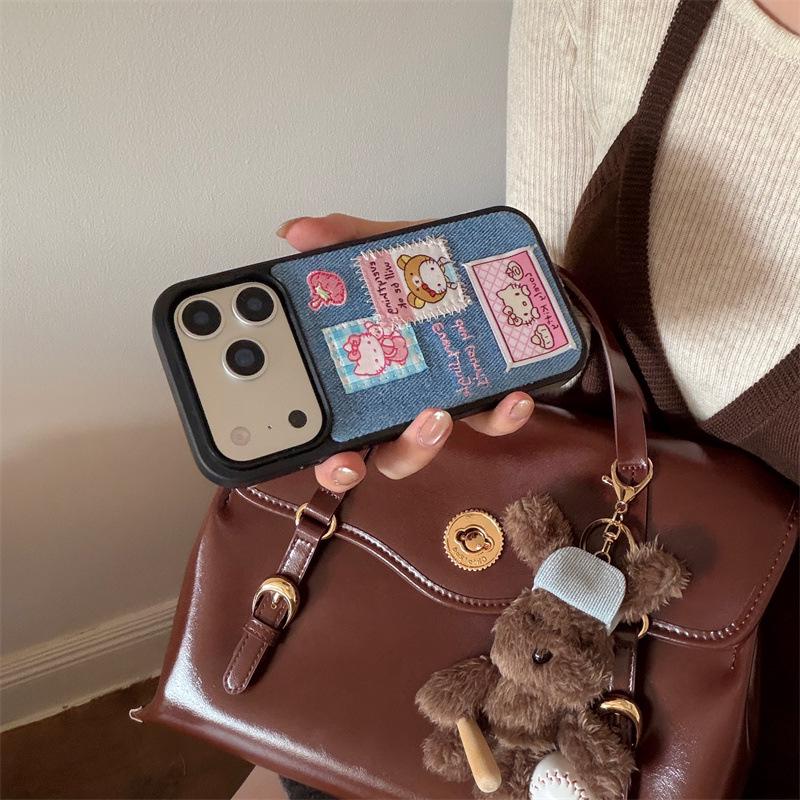 Korean Denim Cat Embroidery Phone Case for iPhone 17/16 Pro Max/15/14