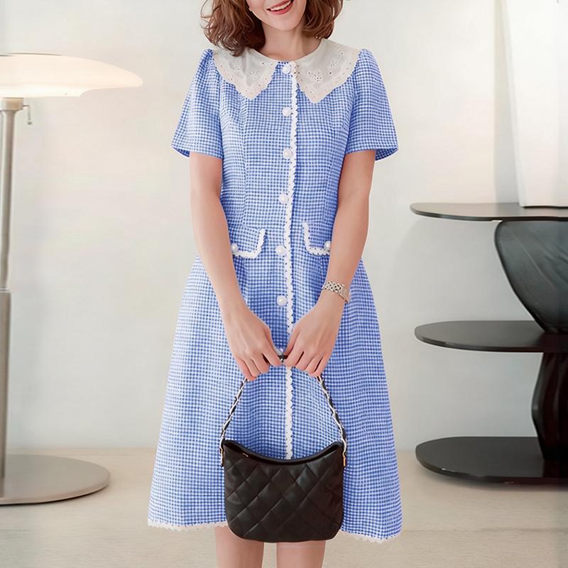 ZANZEA Women Casual Lace Splice Doll Collar Short Sleeve Plaid Print Dress