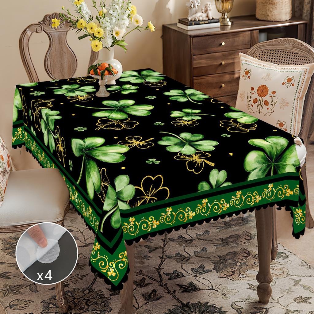 1 Piece Of Clover Green Round Tablecloth, 5 Sizes Available, St. Patrick'S Day Clover Pattern Printed Tablecloth, Edge Embossing Process, Spring Garde
