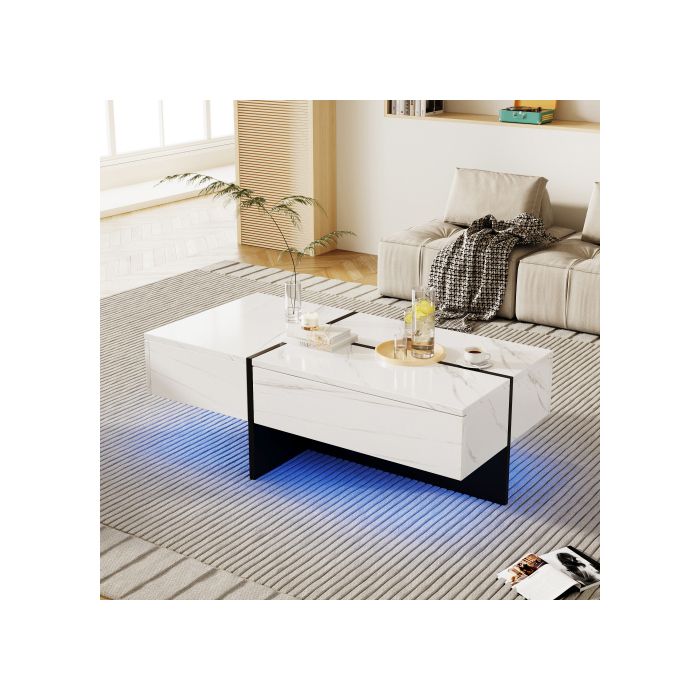 Table Basse - MUVOE - Imitation Marbre Blanc - Éclairage LED - 3 Tiroirs - 100x50x34.5 Cm