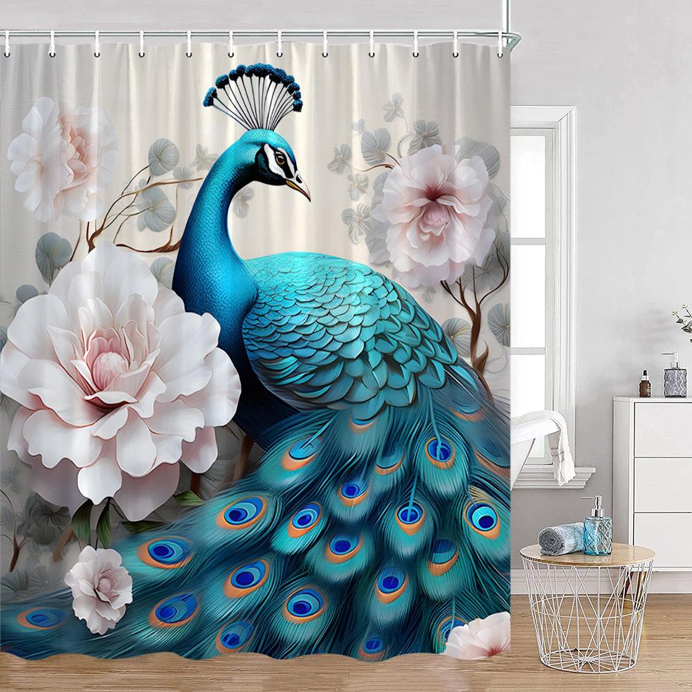 Peacock Shower Curtain Modern Oil Paniting Animals Flowers Plants Floral Bathroom Decor Elegant Fabric Bath Curtains with Hooks