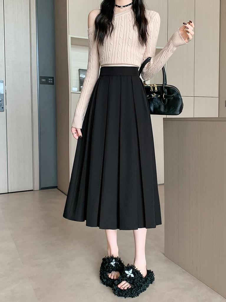 Chic Plus Size A-line Pleated Midi Skirt - Age-Reducing, Solid Color, Autumn/Winter Collection