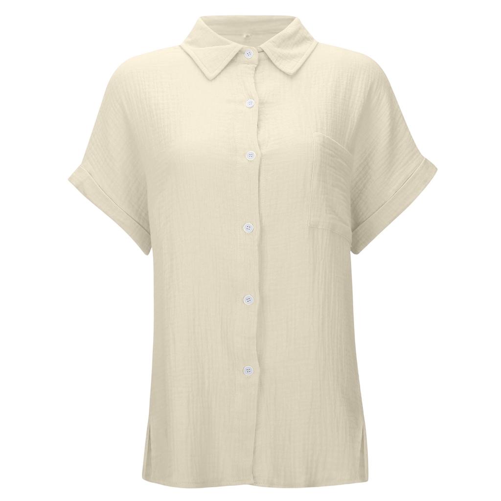 Womens Summer Fashion Color Lapel Casual Button Pocket Short Sleeved Shirt Top