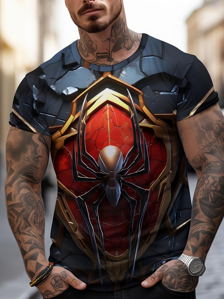 Men's Crew Neck Tee, Spider Pattern, Regular Fit for Outdoor & Beach