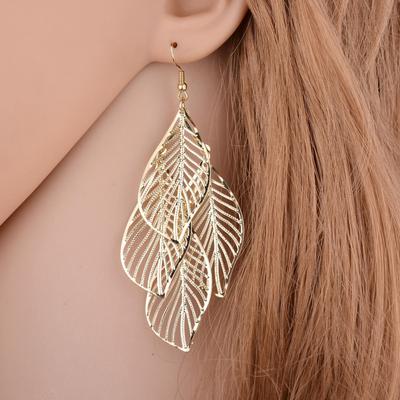 E1215 Versatile Leaf Design Earrings: Multilayer Hollow Metal Dangle for Women