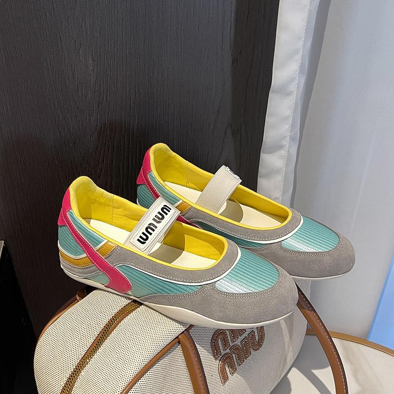 2025 New Spring and Summer Leather Mesh Color Matching Flat-soled Single Shoes Women's Round Head and One Pedal Casual Mary Jane Shoes Women
