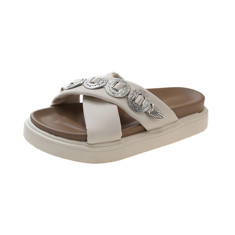 Women Solid Color Slippers Chain Platform Sandals  New Summer Ladies Flats Casual Home Slides Women Modern Slippers Shoes
