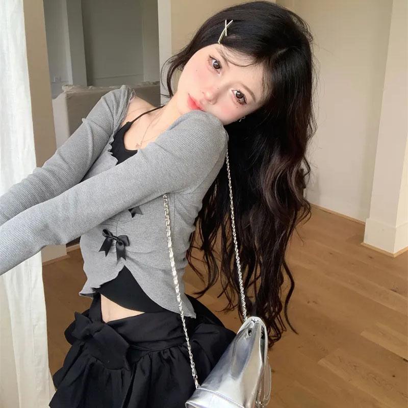 Pure Desire Irregular Grey Long Sleeve Top Tank Strap Design Women's Short Two-piece Set Slim American Spicy Girl Korean Fashion
