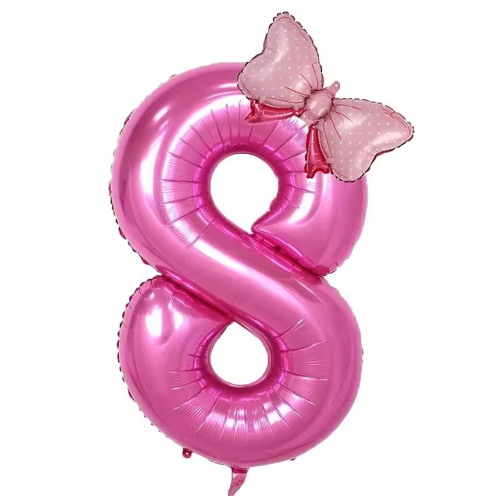 32inch Number Pink Foil Balloon With Mini Bow Set 1 2 3 4 5 6 7 8 9 For Kid Boys Girls Birthday Party Baby Shower Decorations
